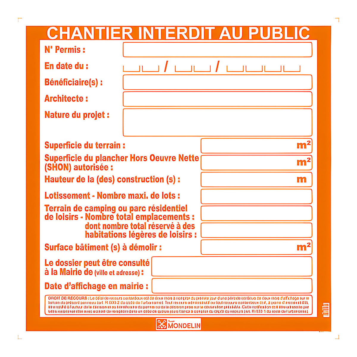 Panneau permis de construire 80 x 80 cm X10